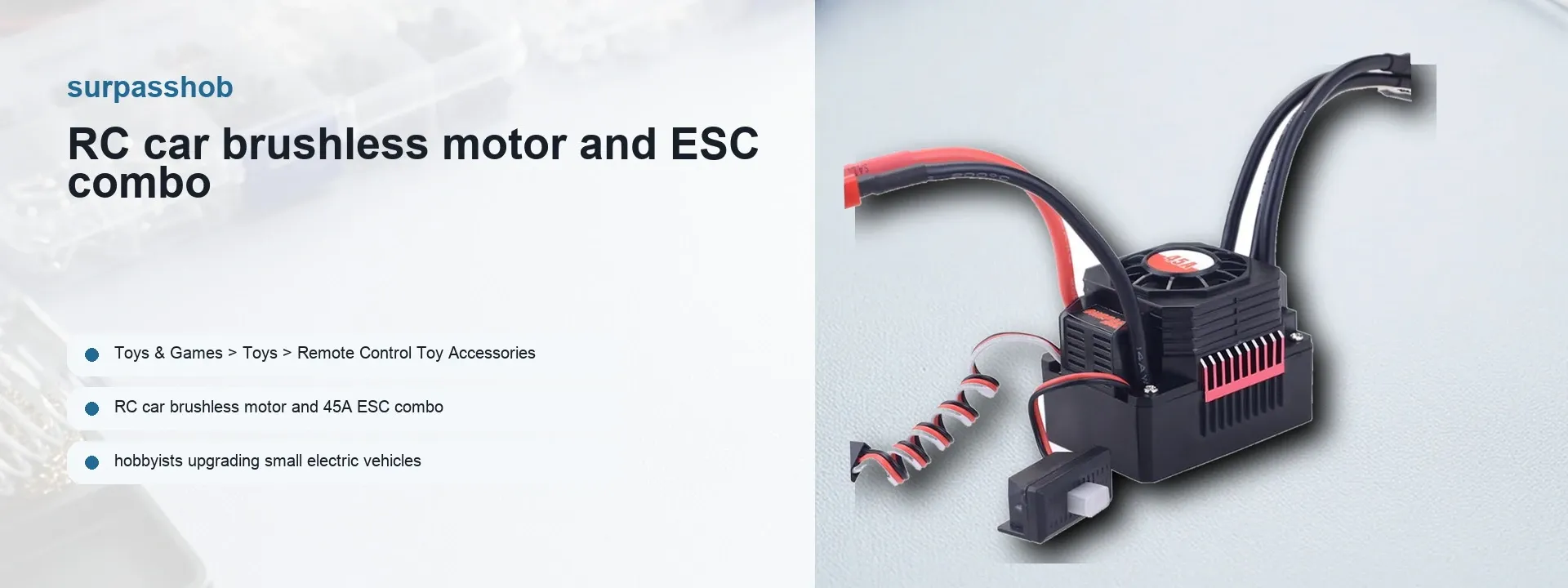 Brushless motor and ESC combo for 1/10 RC cars, showcasing the motor with visible wiring and heatsink.